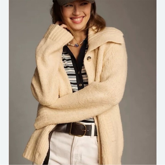 Anthropologie Maeve Coatigan Cream Chunky Knit Cardigan Jacket Wide Collar - Picture 3 of 14
